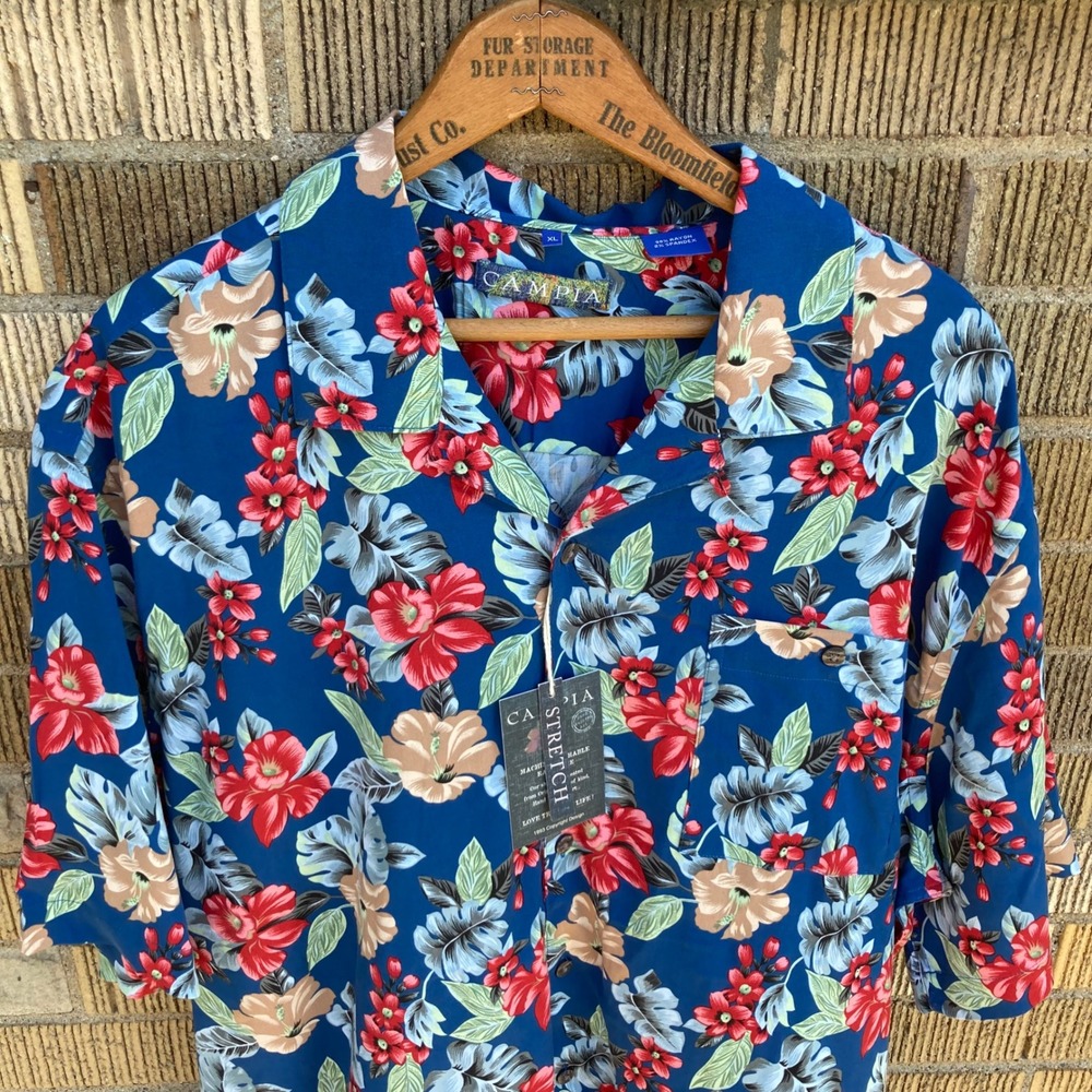 Campia Mens XL Tropical Floral Hawaiian Shirt Rayon Stretch Magnum PI Beach NWT